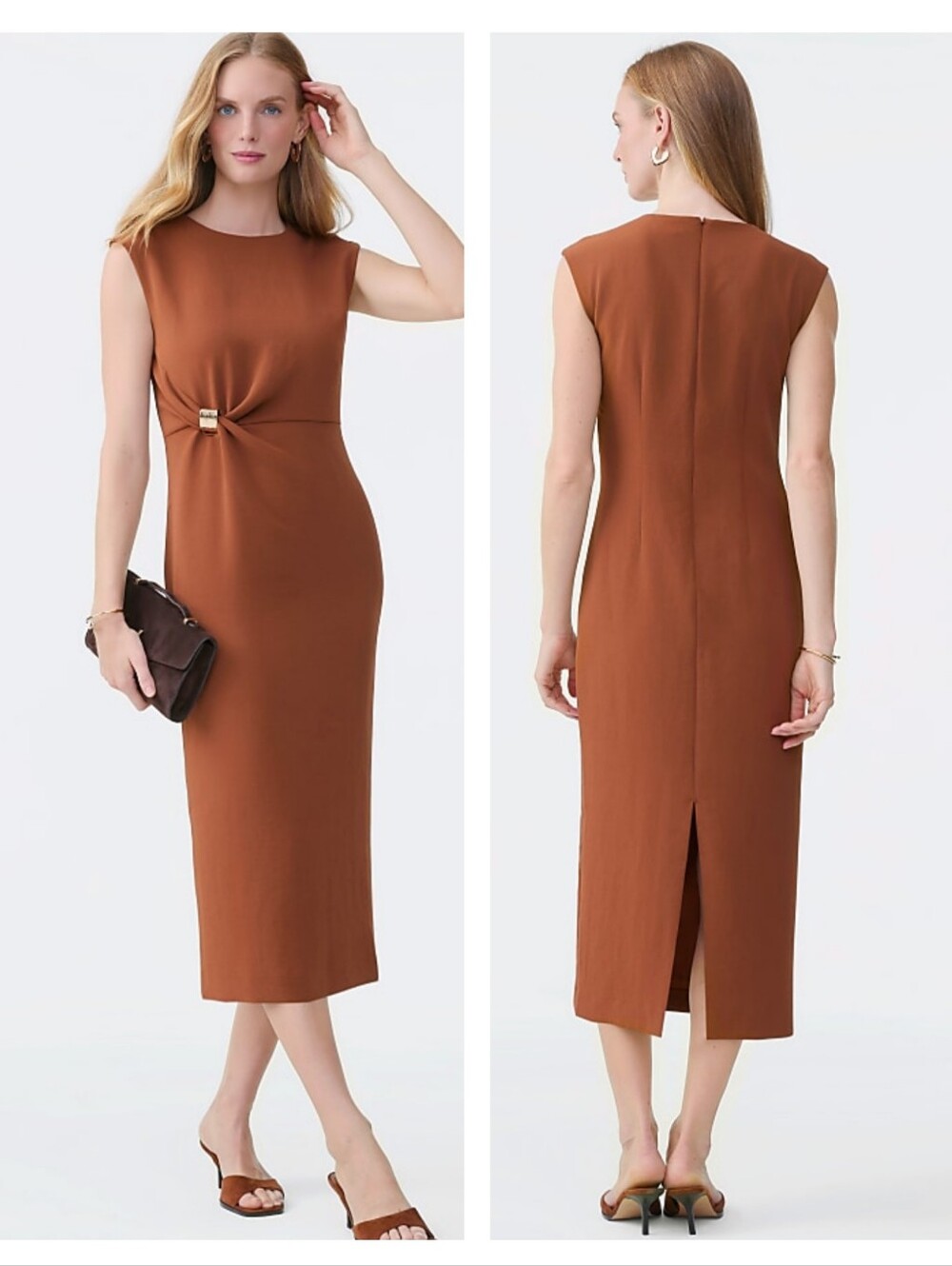 Ann Taylor Crew Neck Twist Sheath Midi Dress Tortoise Shell Brown Size 12P